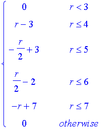 PIECEWISE([0, r < 3],[r-3, r <= 4],[-1/2*r+3, r <= 5],[1/2*r-2, r <= 6],[-r+7, r <= 7],[0, otherwise])