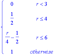 PIECEWISE([0, r < 3],[1/2, r <= 4],[1/4*r-1/2, r <= 6],[1, otherwise])