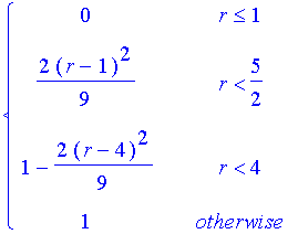 PIECEWISE([0, r <= 1],[2/9*(r-1)^2, r < 5/2],[1-2/9*(r-4)^2, r < 4],[1, otherwise])