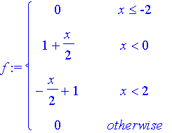 f := PIECEWISE([0, x <= -2],[1+1/2*x, x < 0],[-1/2*x+1, x < 2],[0, otherwise])