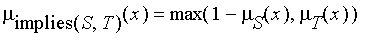 mu[`implies`(S,T)](x) = max(1-mu[S](x),mu[T](x))