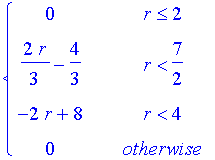 PIECEWISE([0, r <= 2],[2/3*r-4/3, r < 7/2],[-2*r+8, r < 4],[0, otherwise])