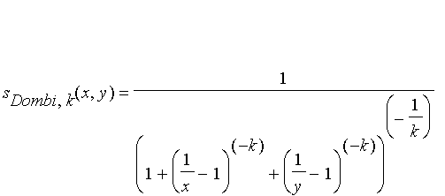 s[Dombi,k](x,y) = 1/((1+(1/x-1)^(-k)+(1/y-1)^(-k))^(-1/k))