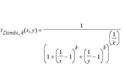 t[Dombi,k](x,y) = 1/((1+(1/x-1)^k+(1/y-1)^k)^(1/k))