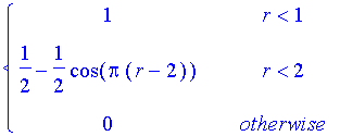 PIECEWISE([1, r < 1],[1/2-1/2*cos(Pi*(r-2)), r < 2],[0, otherwise])