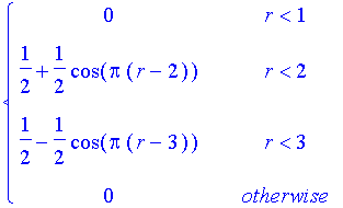 PIECEWISE([0, r < 1],[1/2+1/2*cos(Pi*(r-2)), r < 2],[1/2-1/2*cos(Pi*(r-3)), r < 3],[0, otherwise])