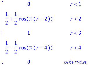 PIECEWISE([0, r < 1],[1/2+1/2*cos(Pi*(r-2)), r < 2],[1, r < 3],[1/2-1/2*cos(Pi*(r-4)), r < 4],[0, otherwise])