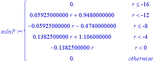 solnP := PIECEWISE([0., r <= -16],[.5925000000e-1*r+.9480000000, r < -12],[-.5925000000e-1*r-.4740000000, r <= -8],[.1382500000*r+1.106000000, r < -4],[-.1382500000*r, r < 0],[0., otherwise])