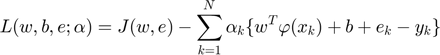 $$ L(w,b,e;\alpha )=J(w,e)-\sum_{k=1}^{N}\alpha_{k}
\{w^{T}\varphi (x_{k})+b+e_{k}-y_{k}\} $$